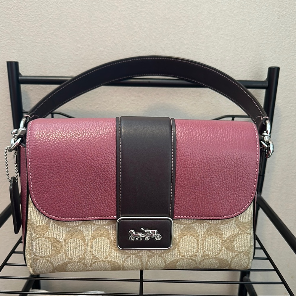 Coach Pink and Tan Signature Shoulder Bag